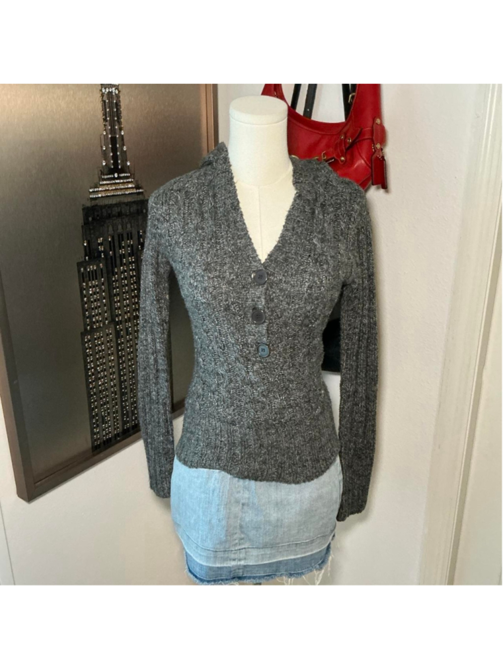 Hooked Up by IOT Gray Cable Knit Hooded Sweater Size Small Y2K